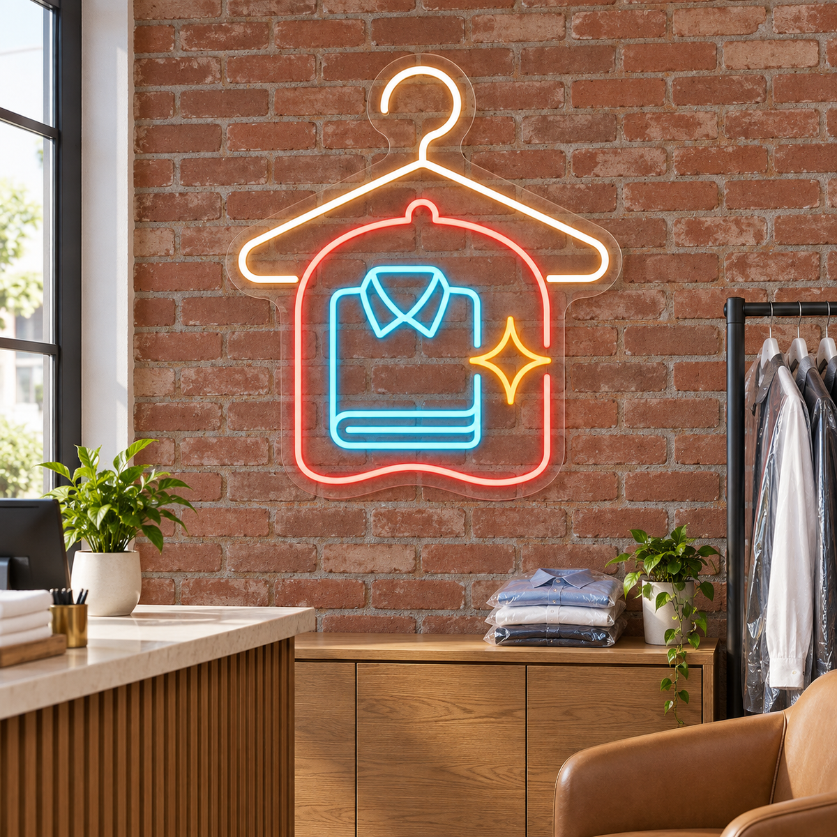Hanger & Garment Bag LED Neon Sign for Dry Cleaners - interior setting