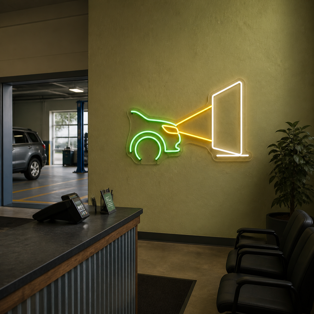 Headlight Test LED Neon Sign for Inspection Stations - interior setting