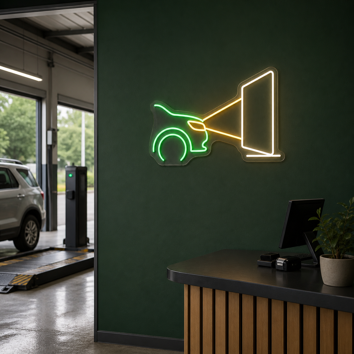 Headlight Test LED Neon Sign for Inspection Stations - interior setting