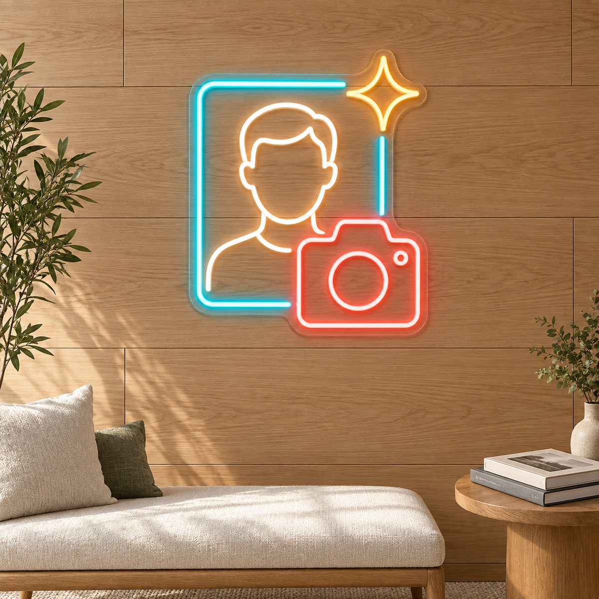 Headshot & Camera LED Neon Sign for Passport Photo Shops - interior setting