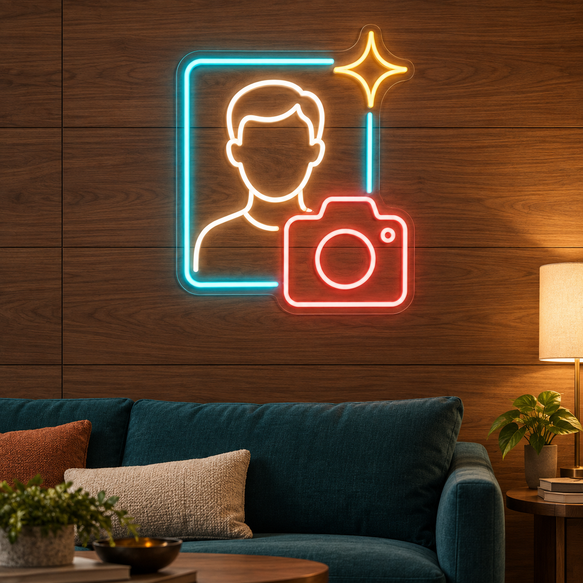 Headshot & Camera LED Neon Sign for Passport Photo Shops - interior setting
