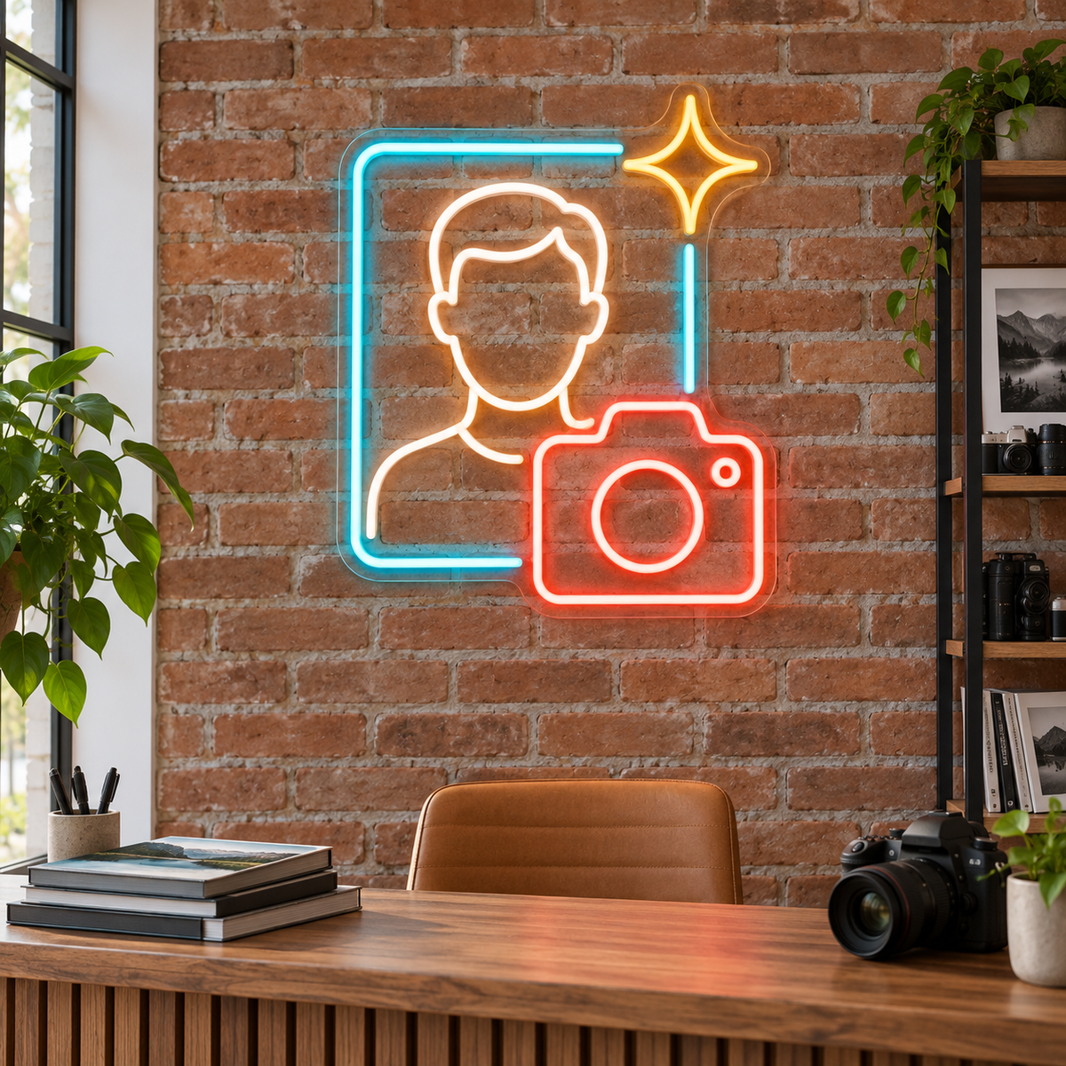 Headshot & Camera LED Neon Sign for Passport Photo Shops - interior setting