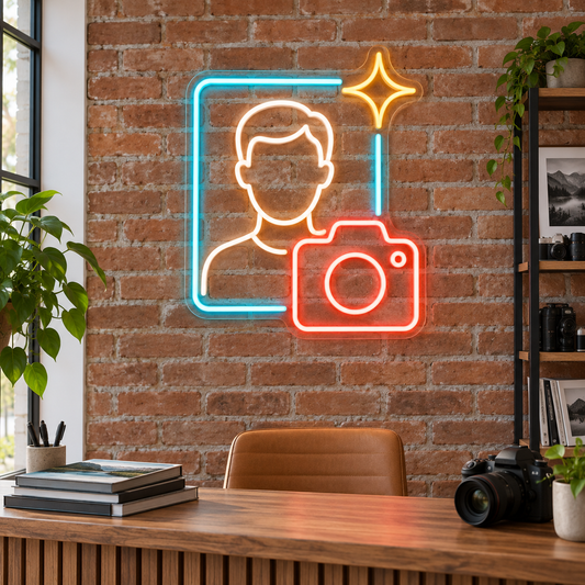 Headshot & Camera LED Neon Sign for Passport Photo Shops - interior setting