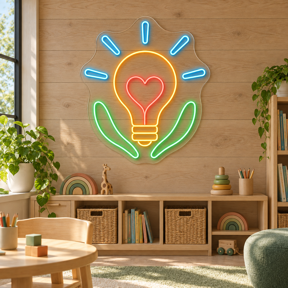 Bright Ideas, Caring Hands LED Neon Sign for Daycare Centers - interior setting