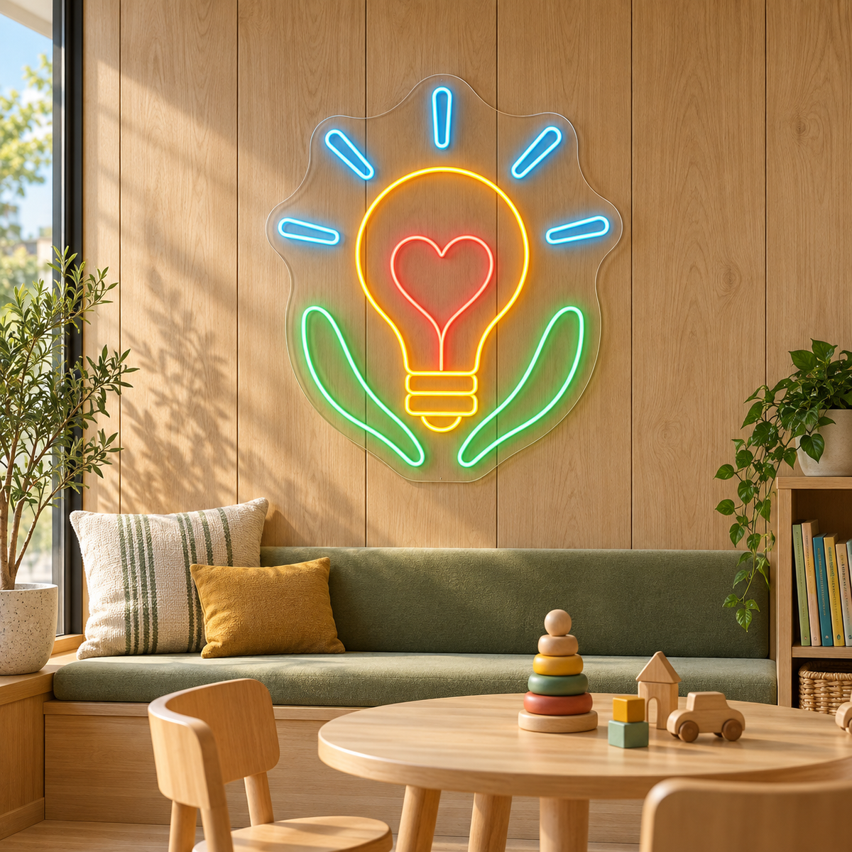 Bright Ideas, Caring Hands LED Neon Sign for Daycare Centers - interior setting