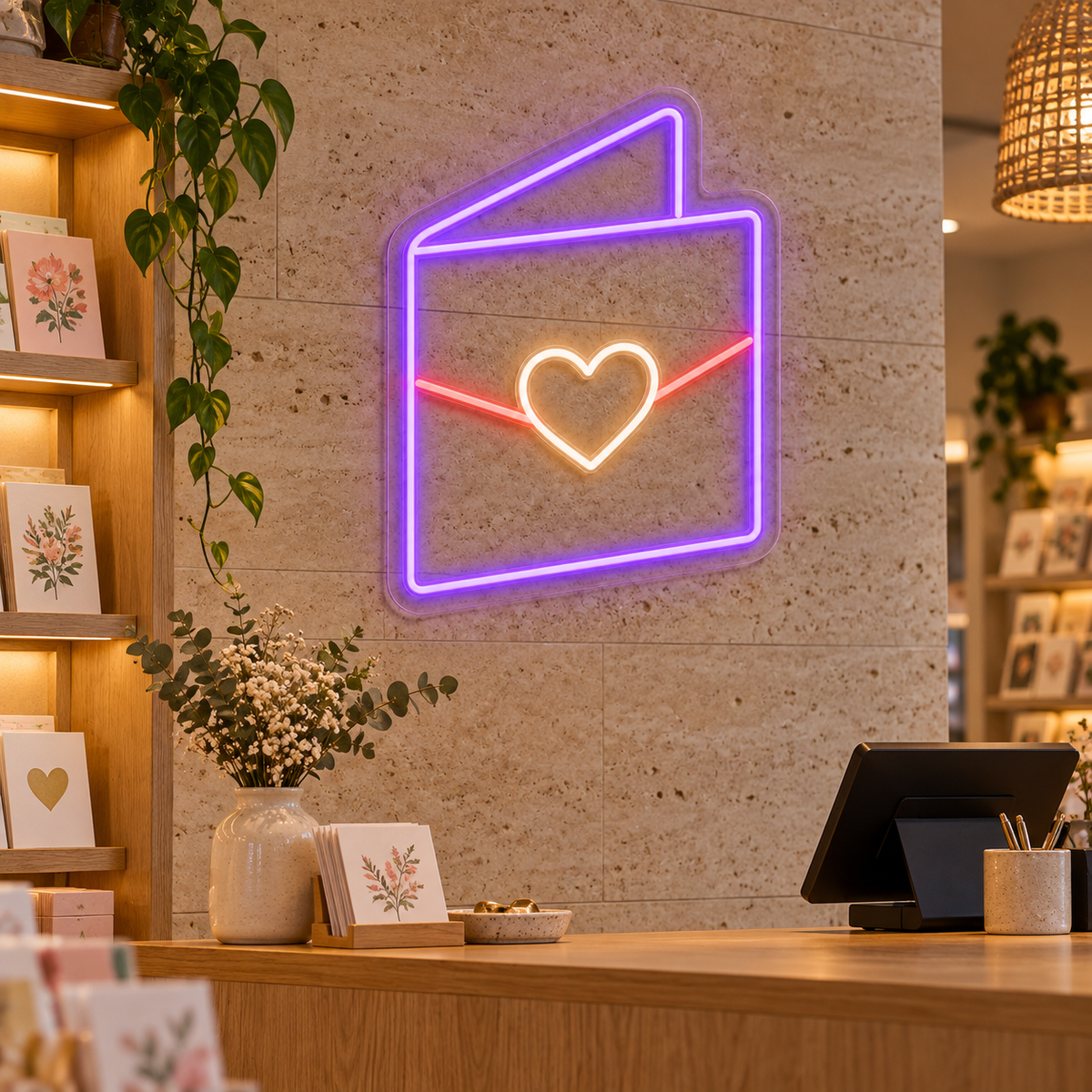 Heart Greeting Card LED Neon Sign for Greeting Card Shops - interior setting