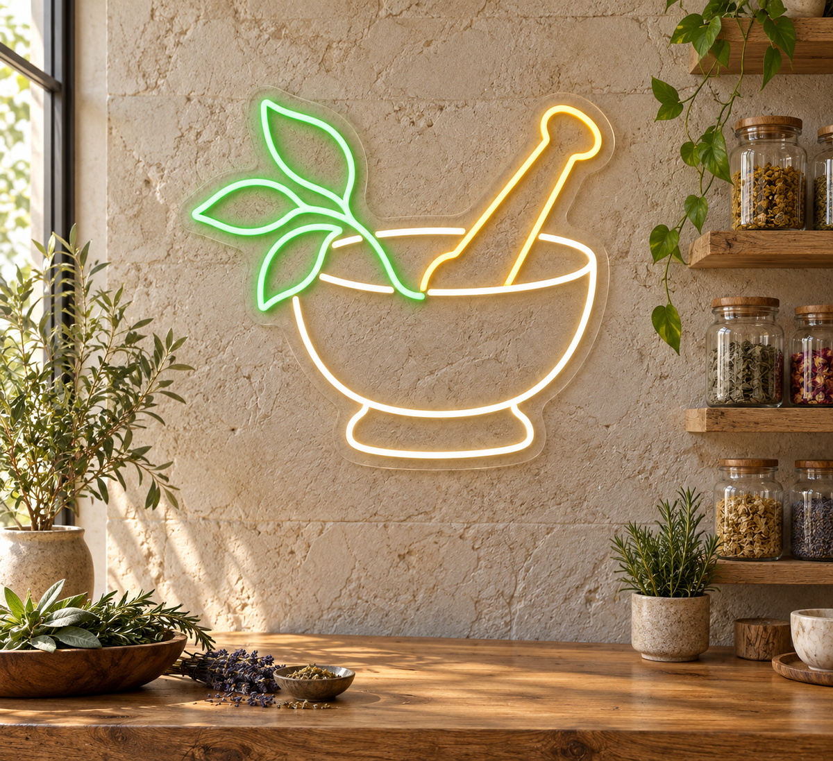 Herbal Mortar & Pestle LED Neon Sign for Herbal Clinics - interior setting