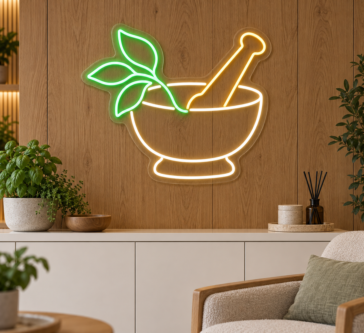 Herbal Mortar & Pestle LED Neon Sign for Herbal Clinics - interior setting