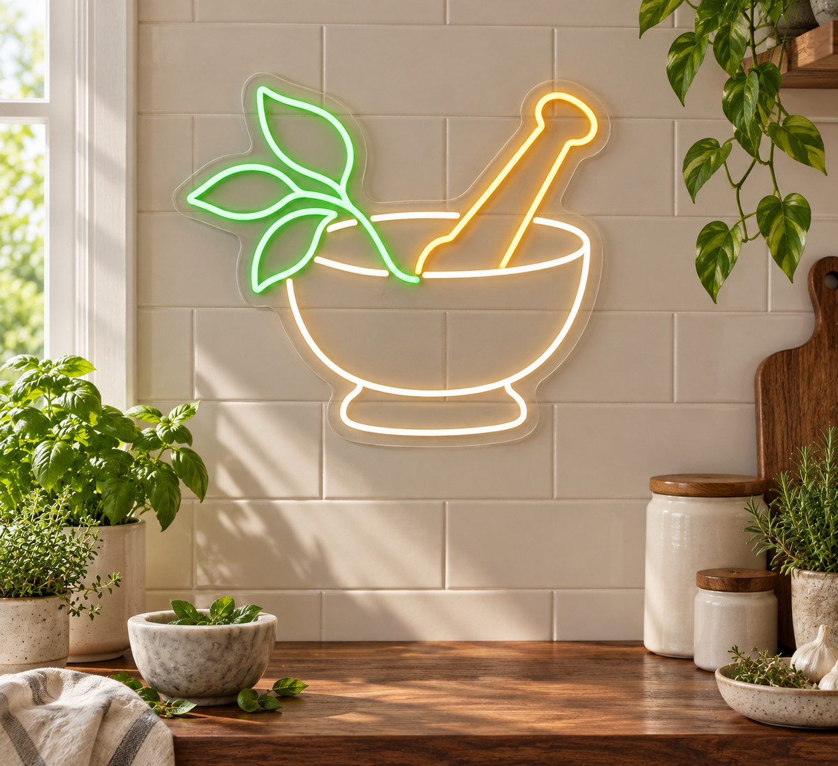 Herbal Mortar & Pestle LED Neon Sign for Herbal Clinics - interior setting