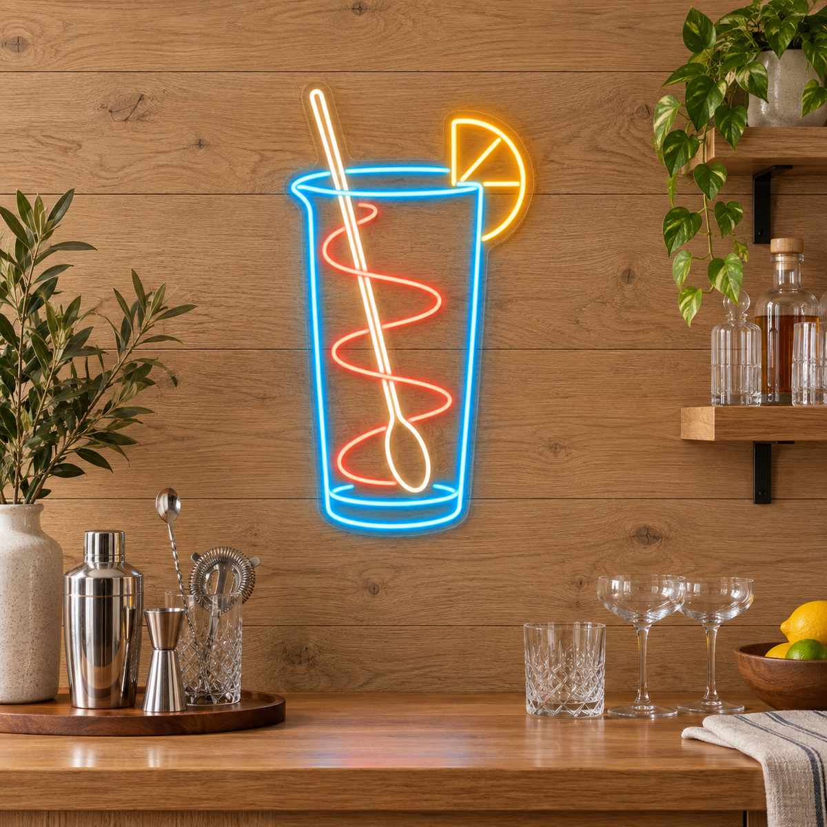 Highball & Bar Spoon LED Neon Sign for Bartending Schools - interior setting