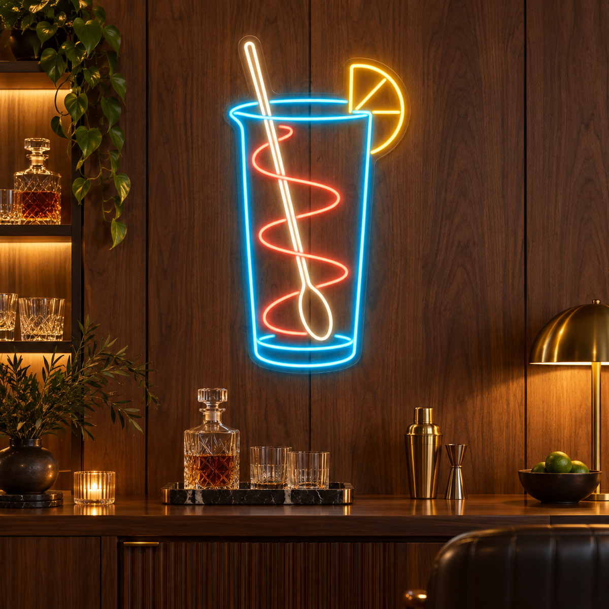 Highball & Bar Spoon LED Neon Sign for Bartending Schools - interior setting