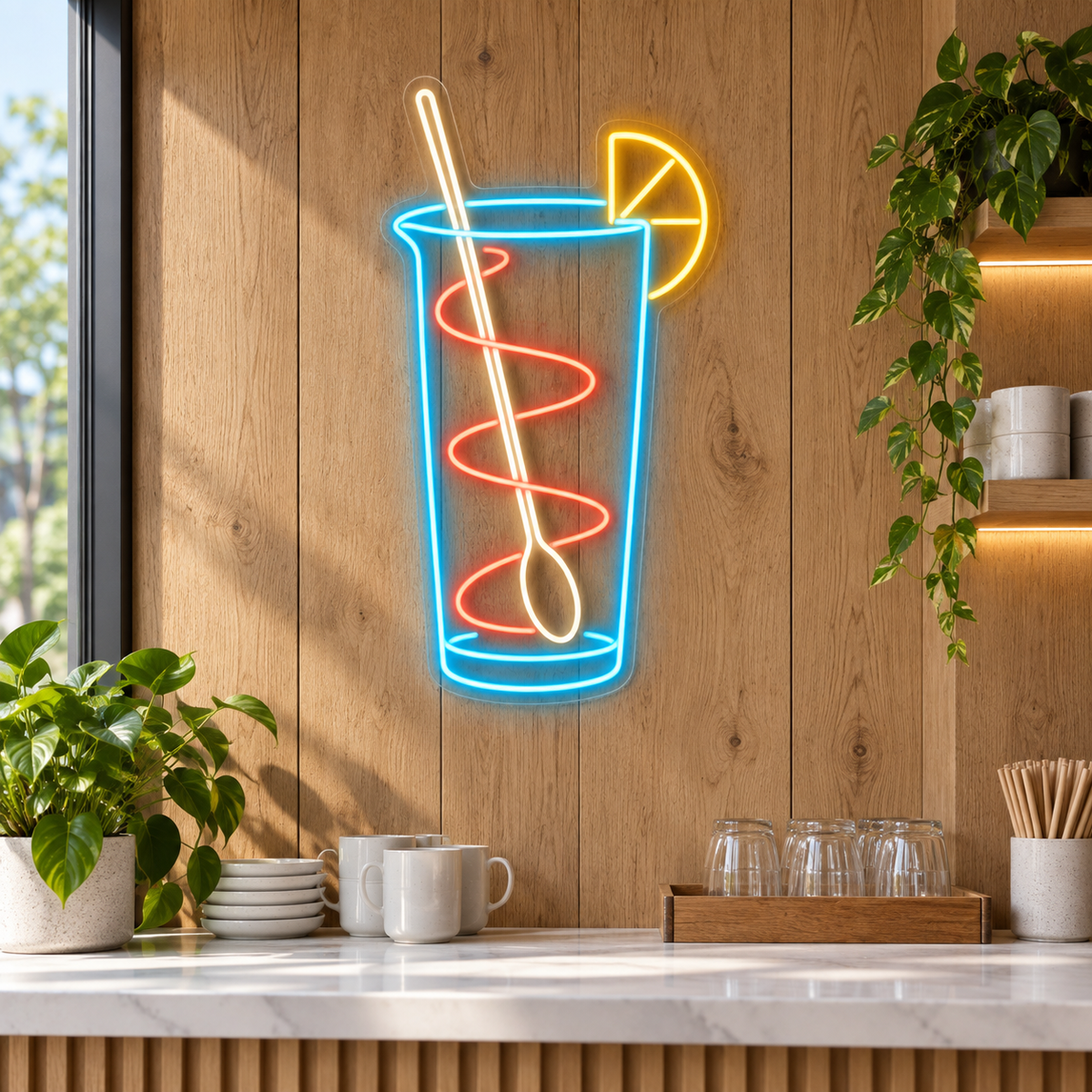 Highball & Bar Spoon LED Neon Sign for Bartending Schools - interior setting