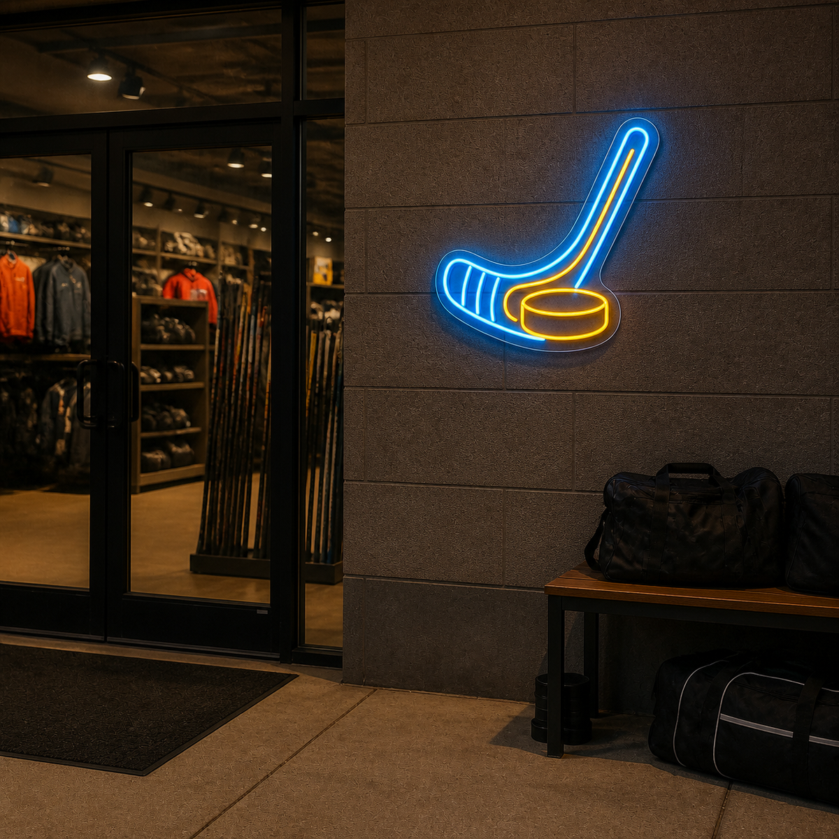 Hockey Stick and Puck LED Neon Sign for Hockey Rooms - interior setting