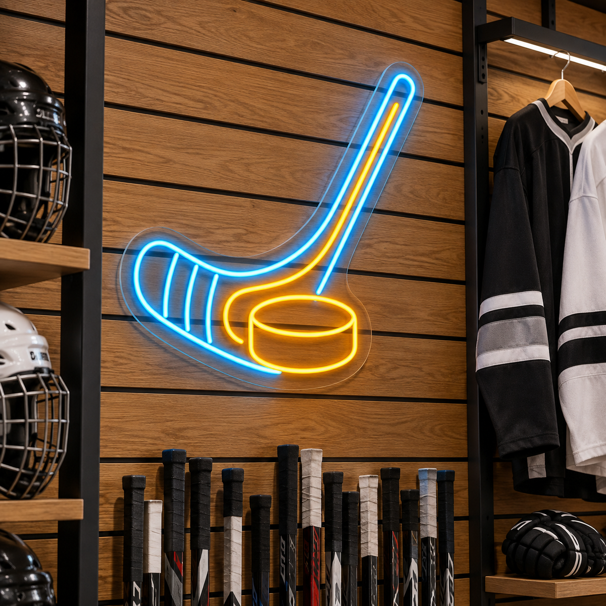 Hockey Stick and Puck LED Neon Sign for Hockey Rooms - interior setting