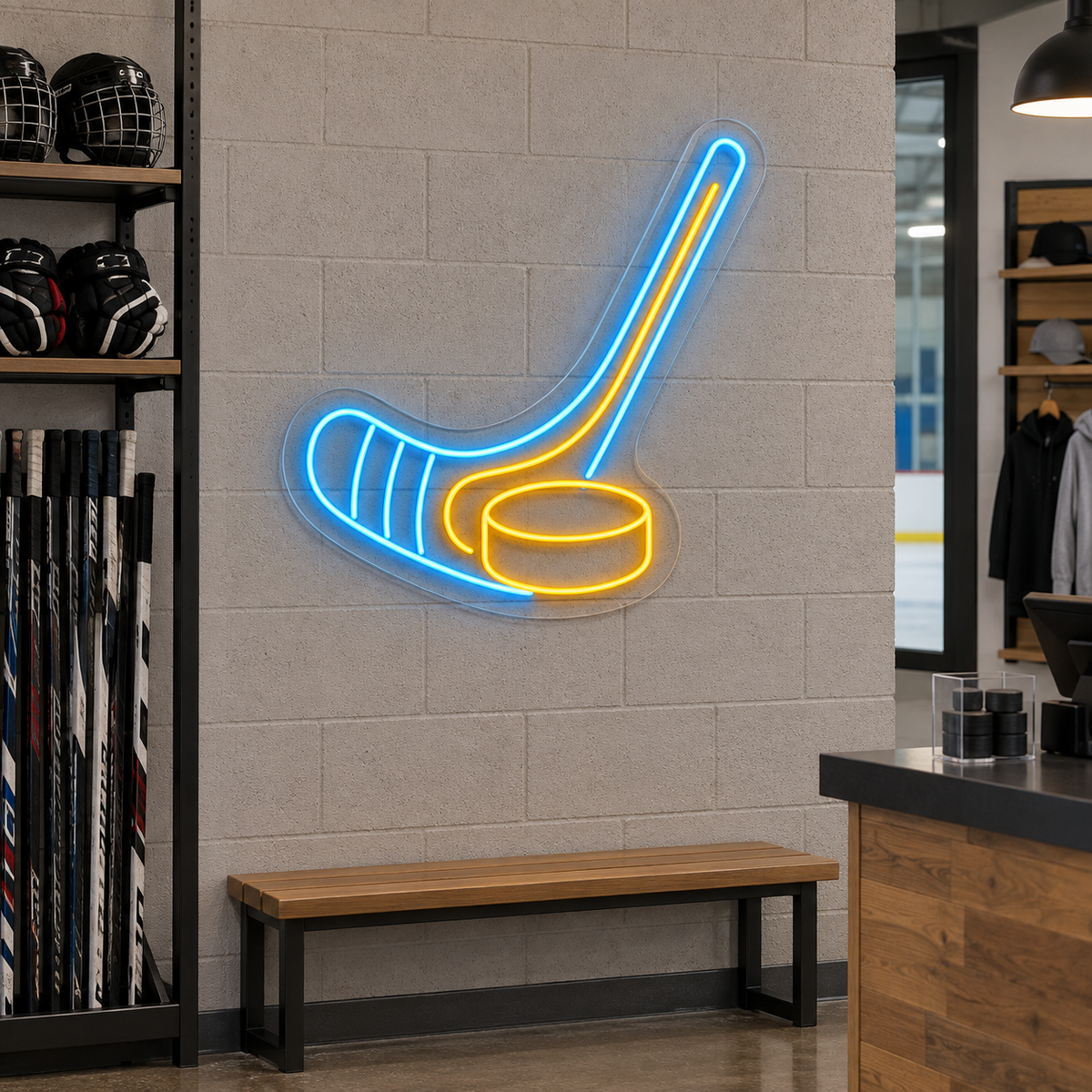 Hockey Stick and Puck LED Neon Sign for Hockey Rooms - interior setting