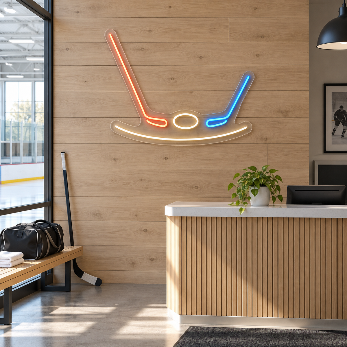 Hockey Sticks & Puck LED Neon Sign for Ice Rinks - interior setting
