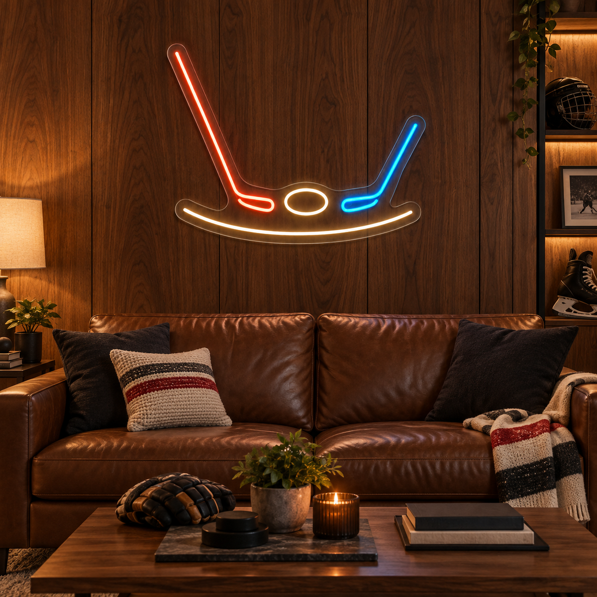 Hockey Sticks & Puck LED Neon Sign for Ice Rinks - interior setting