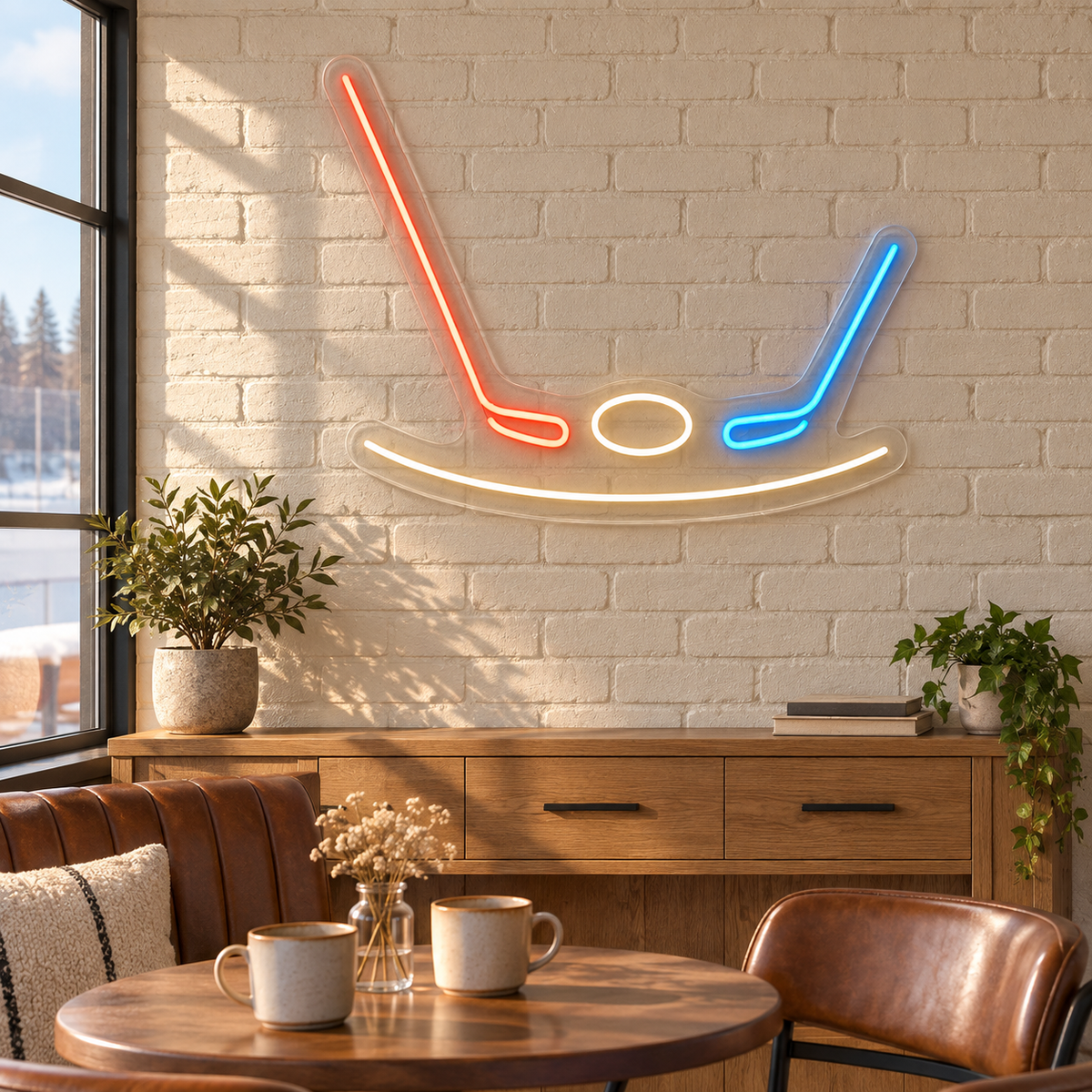 Hockey Sticks & Puck LED Neon Sign for Ice Rinks - interior setting
