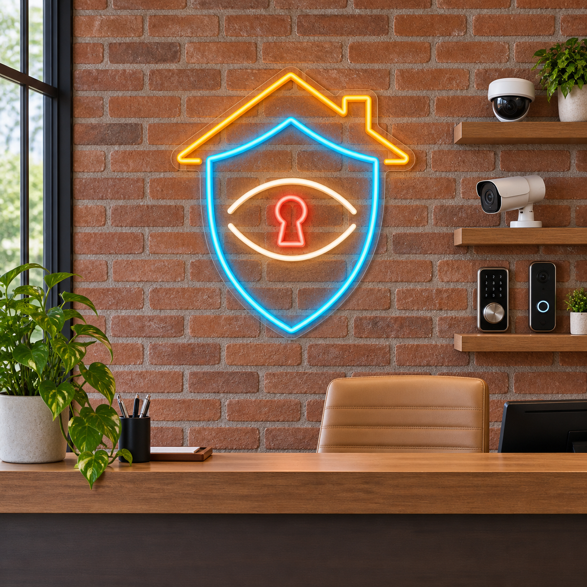 Shield & Keyhole LED Neon Sign for Home Security Shops - interior setting