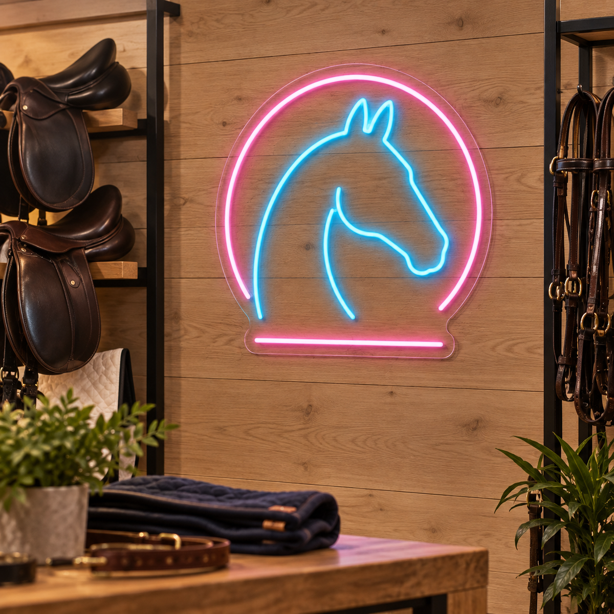 Horse Head in Arch LED Neon Sign for Equestrian Spaces - interior setting