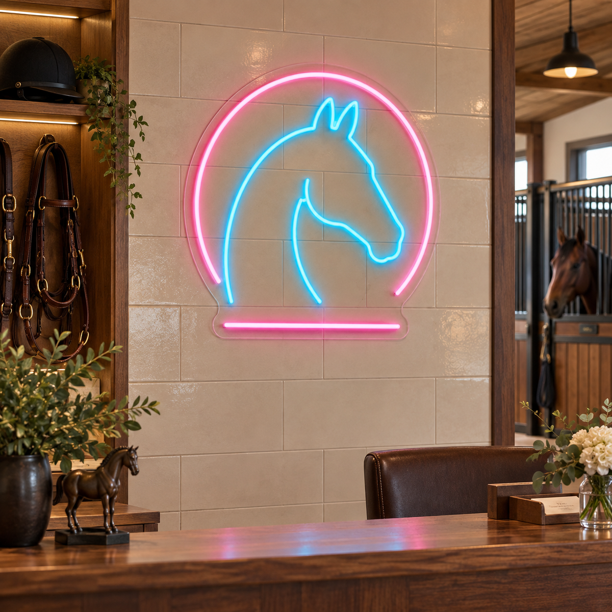 Horse Head in Arch LED Neon Sign for Equestrian Spaces - interior setting