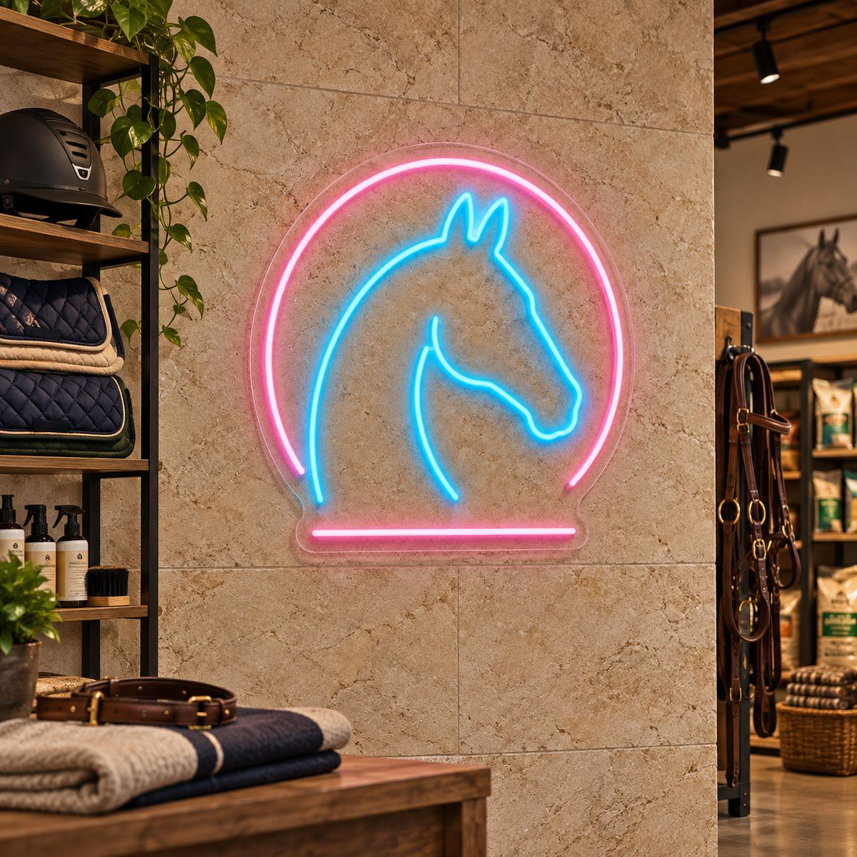 Horse Head in Arch LED Neon Sign for Equestrian Spaces - interior setting
