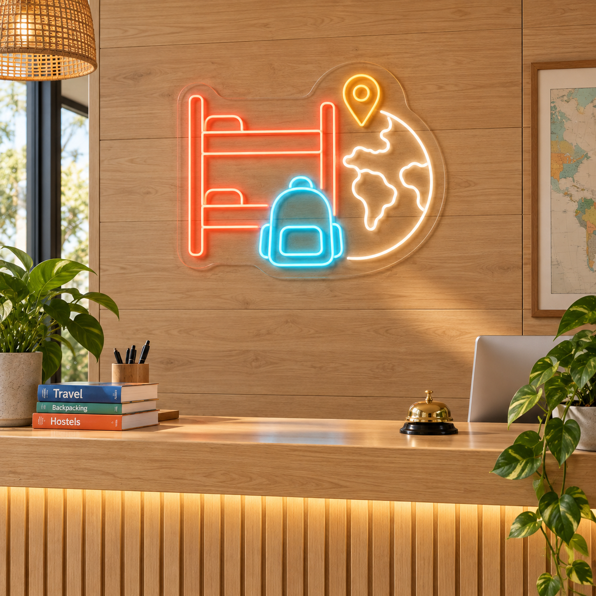 Hostel Bunk Beds & Backpack LED Neon Sign for Hostels - interior setting