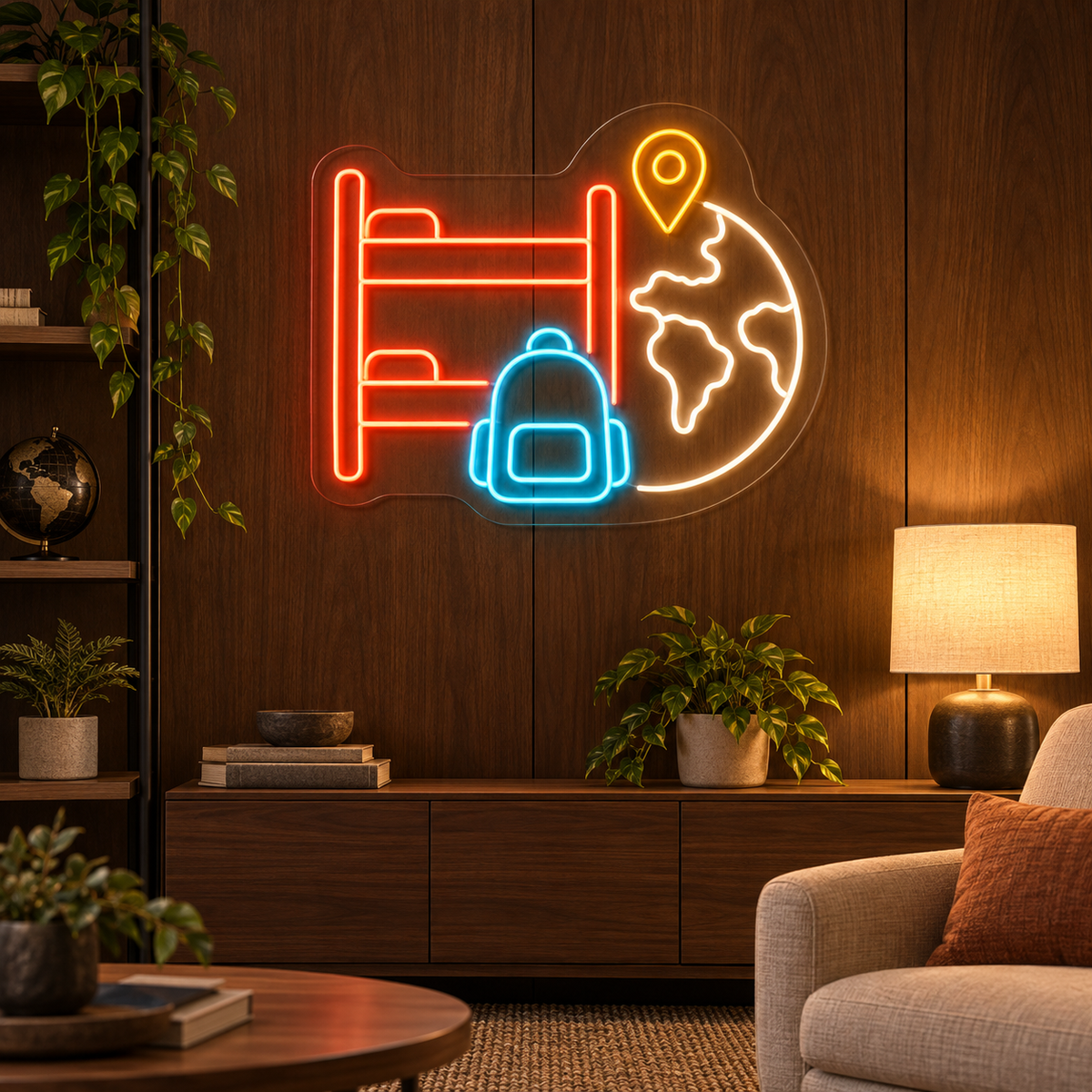 Hostel Bunk Beds & Backpack LED Neon Sign for Hostels - interior setting