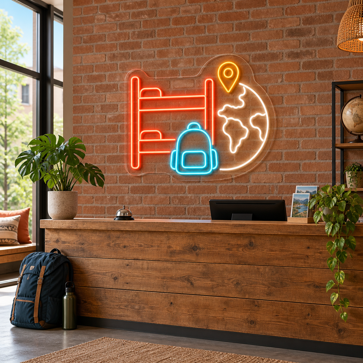 Hostel Bunk Beds & Backpack LED Neon Sign for Hostels - interior setting