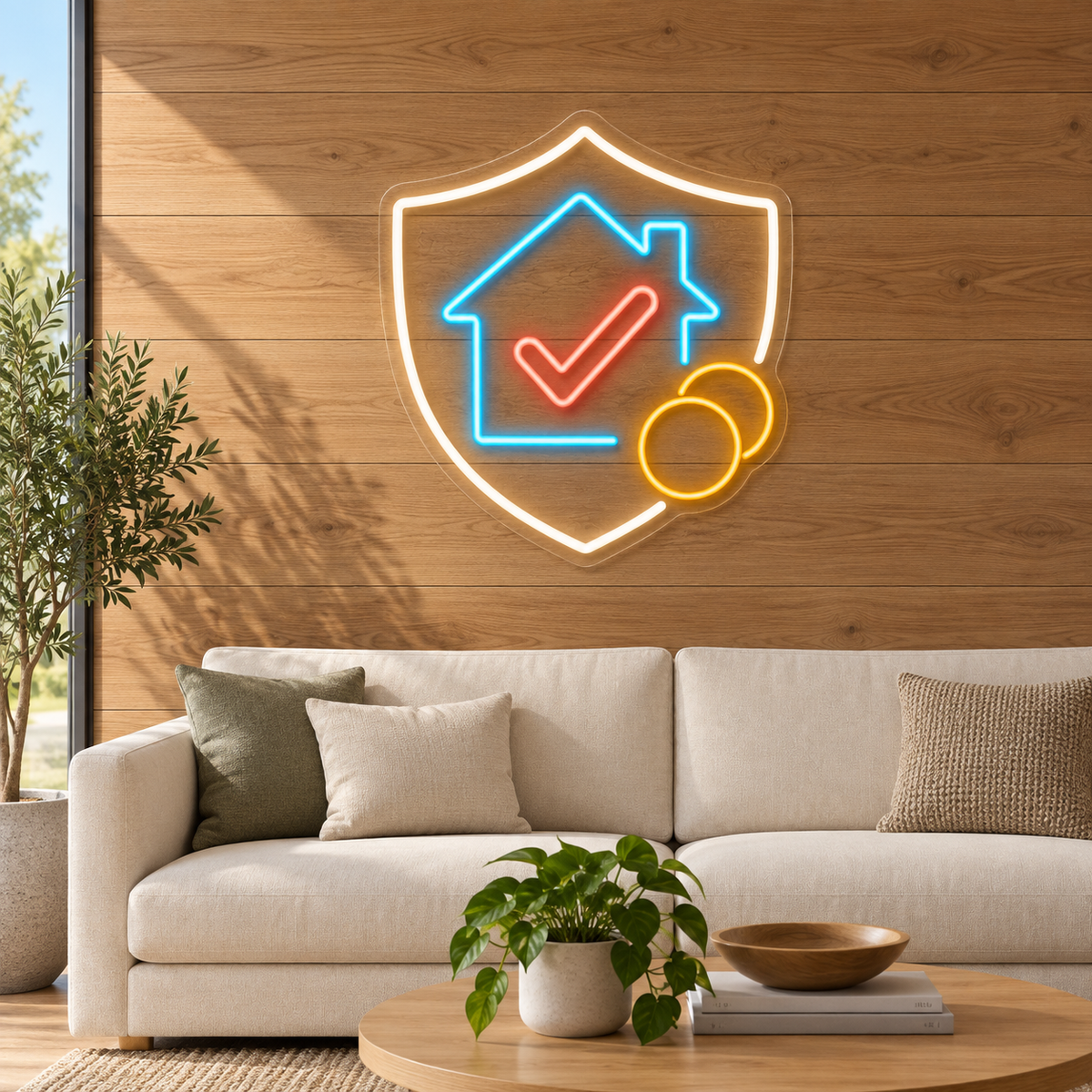 House Checkmark & Shield LED Neon Sign for Mortgage Brokers - interior setting