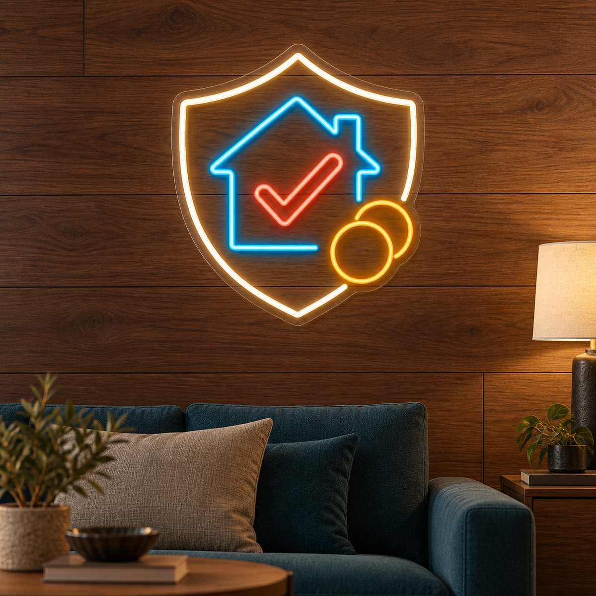 House Checkmark & Shield LED Neon Sign for Mortgage Brokers - interior setting