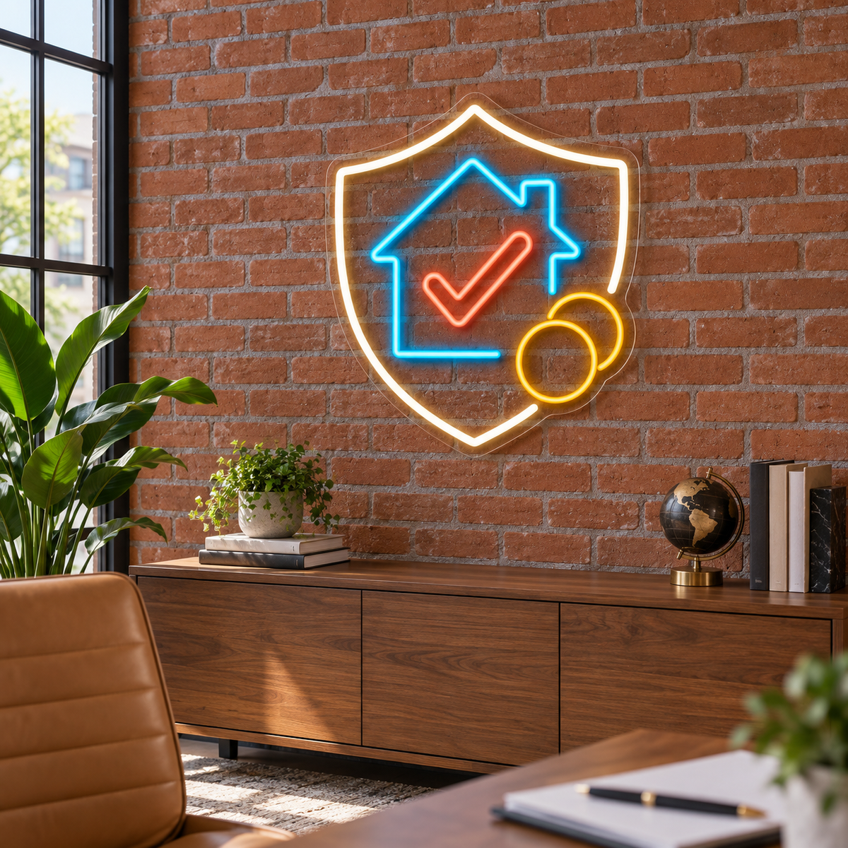 House Checkmark & Shield LED Neon Sign for Mortgage Brokers - interior setting