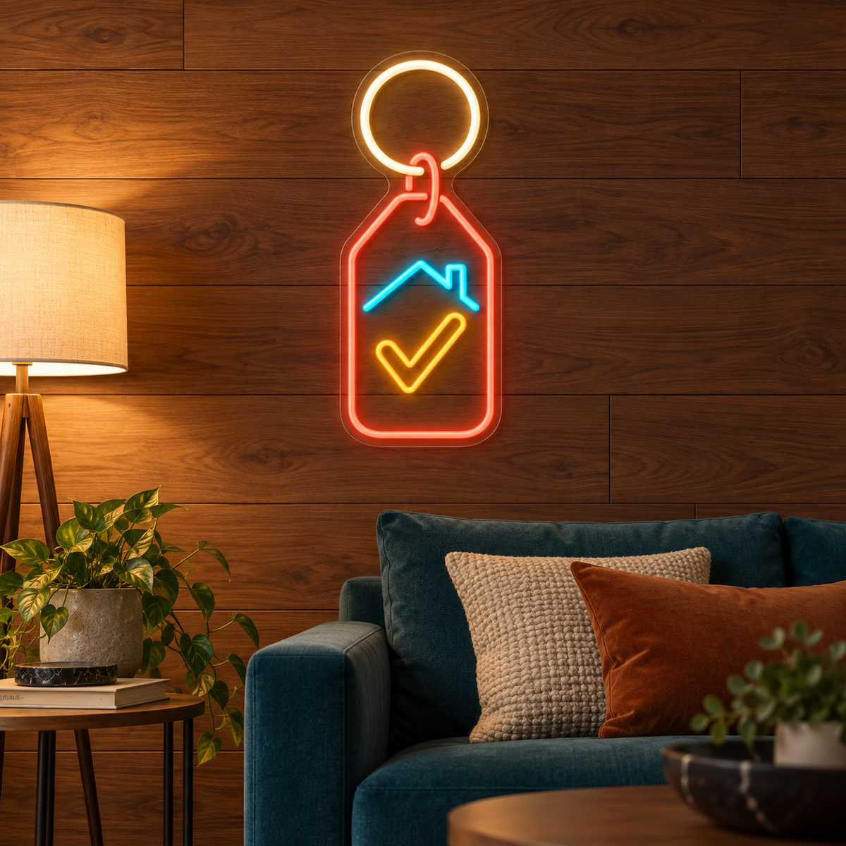 House Key Tag & Checkmark LED Neon Sign for Realtor Offices - interior setting