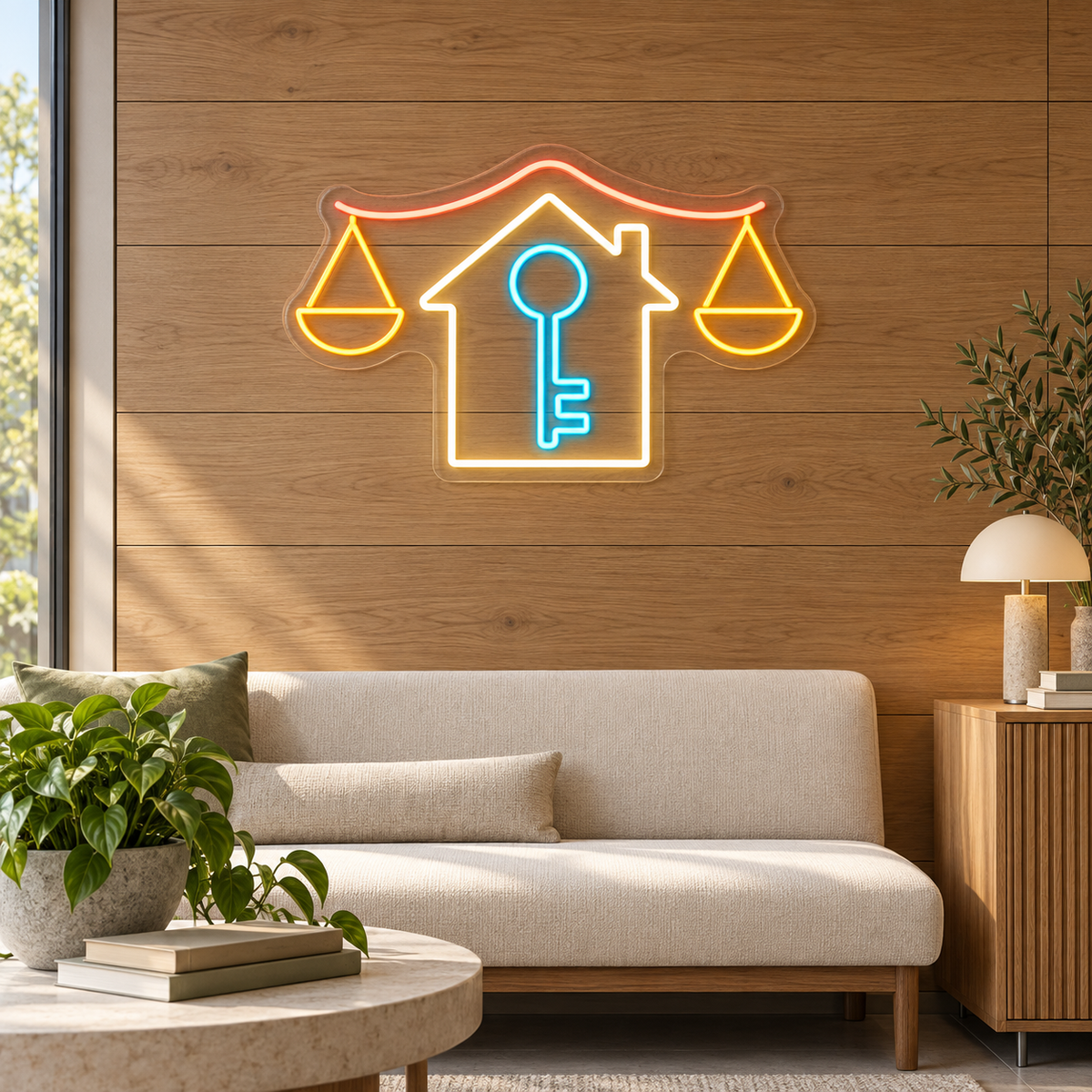 House Key & Balance Scales LED Neon Sign for Escrow Offices - interior setting