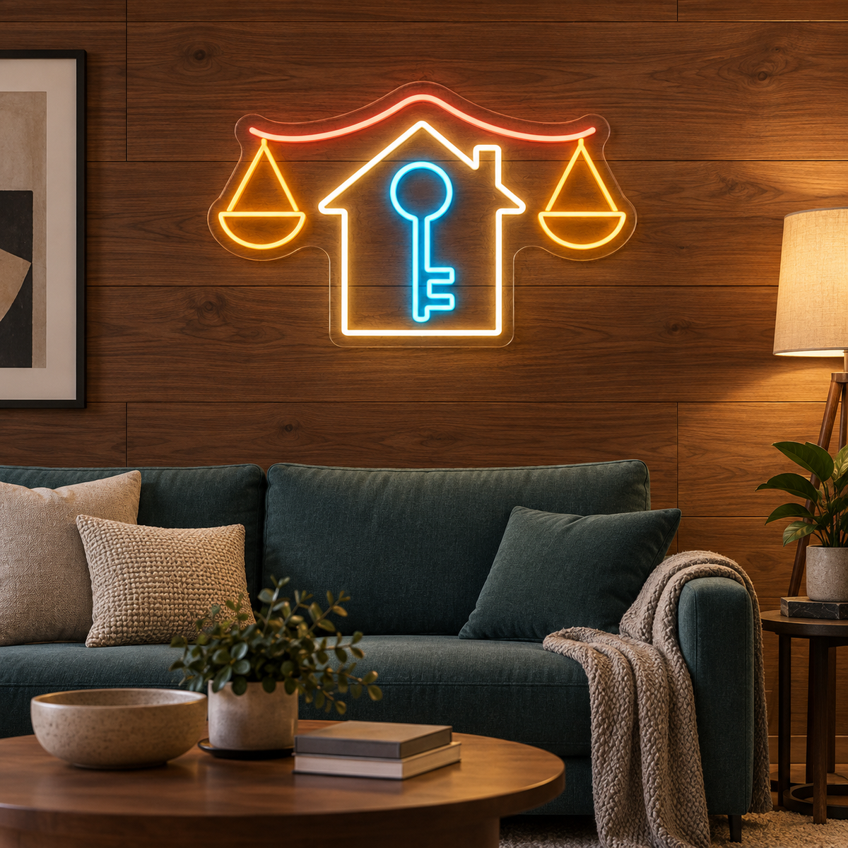 House Key & Balance Scales LED Neon Sign for Escrow Offices - interior setting
