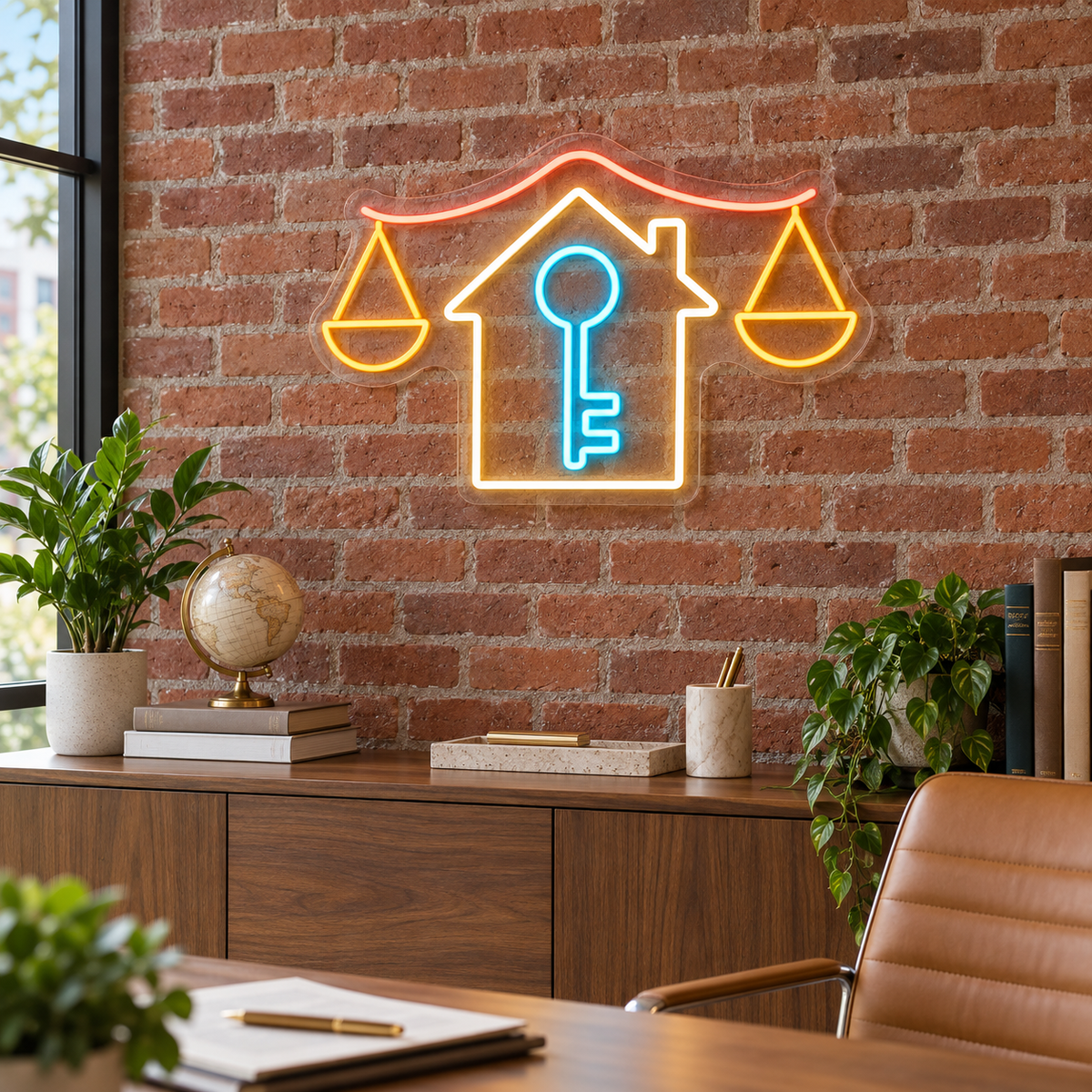 House Key & Balance Scales LED Neon Sign for Escrow Offices - interior setting