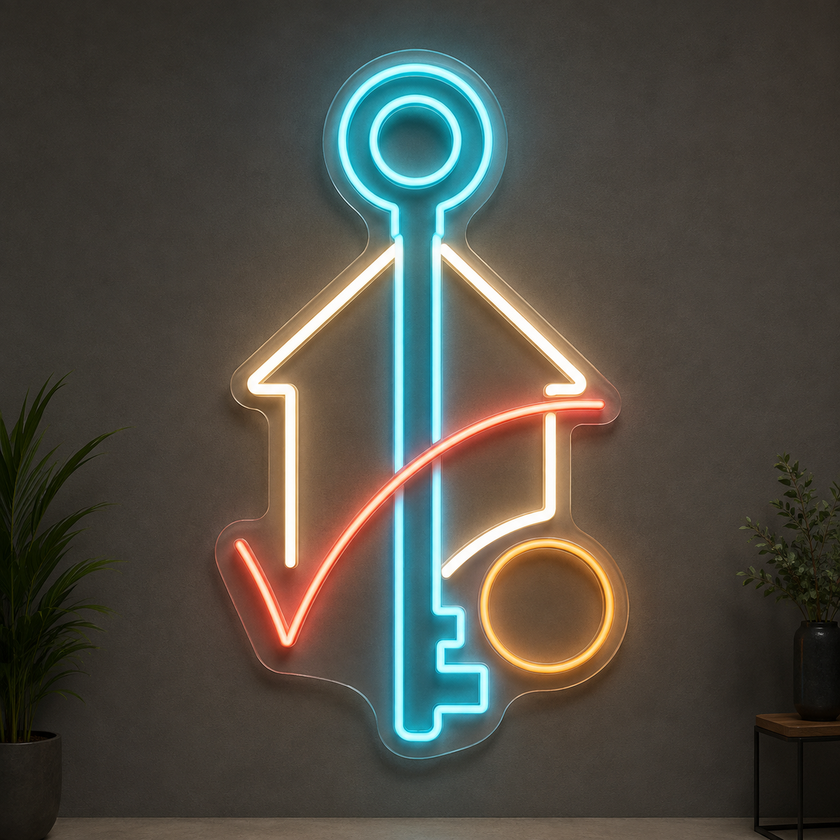 House Key & Checkmark LED Neon Sign for Mortgage Brokers - design reference