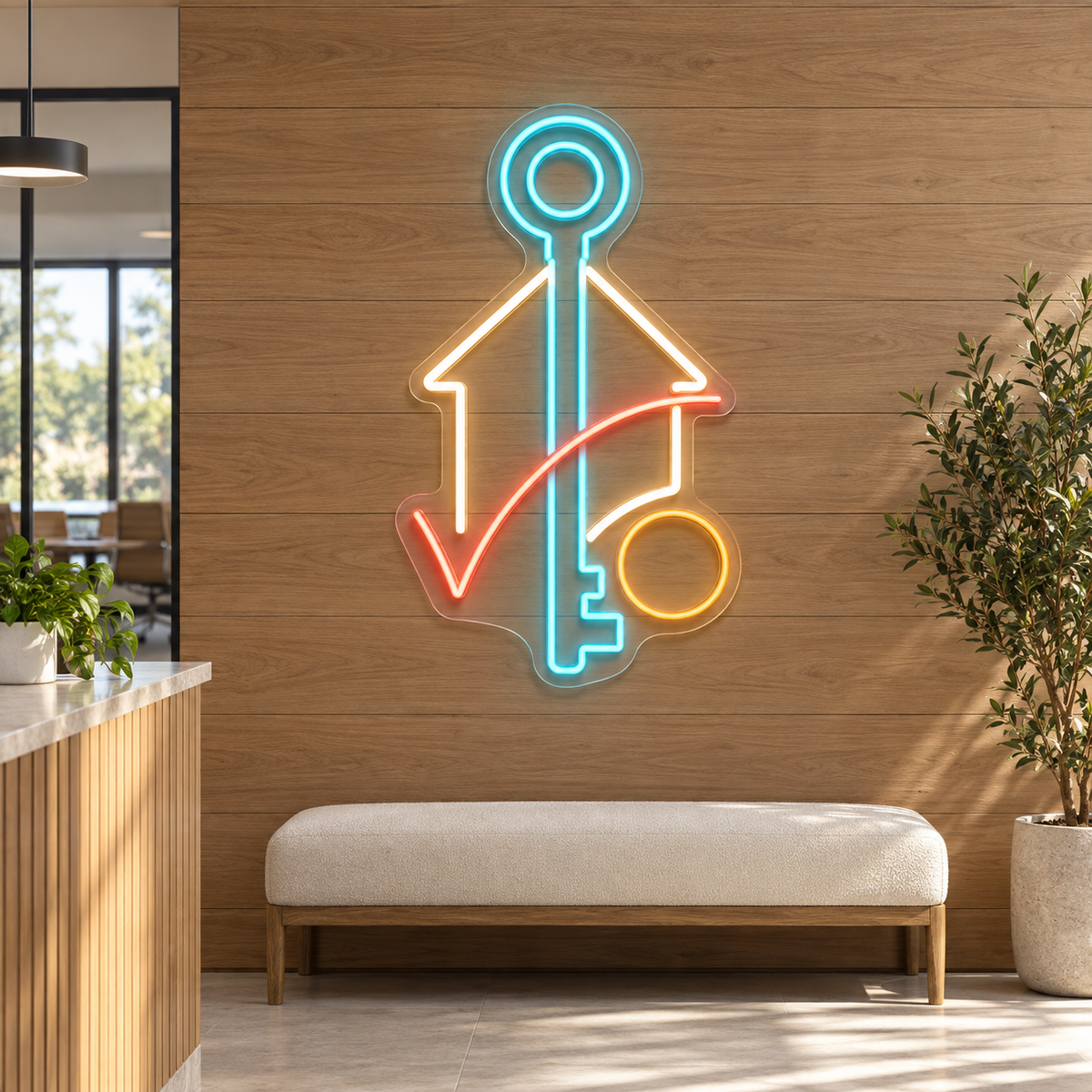 House Key & Checkmark LED Neon Sign for Mortgage Brokers - interior setting