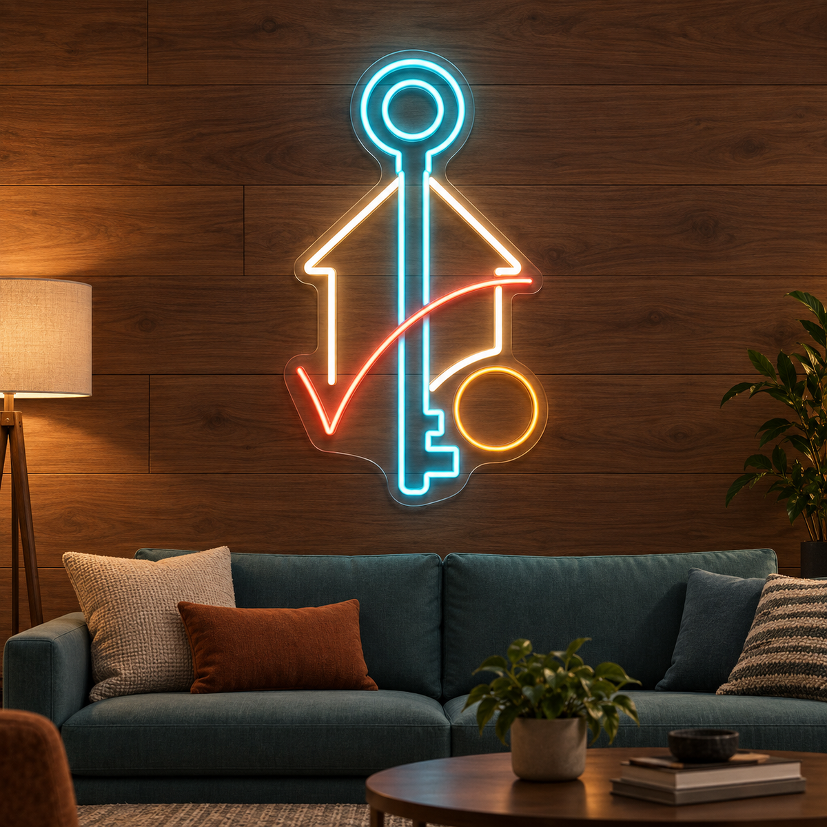 House Key & Checkmark LED Neon Sign for Mortgage Brokers - interior setting