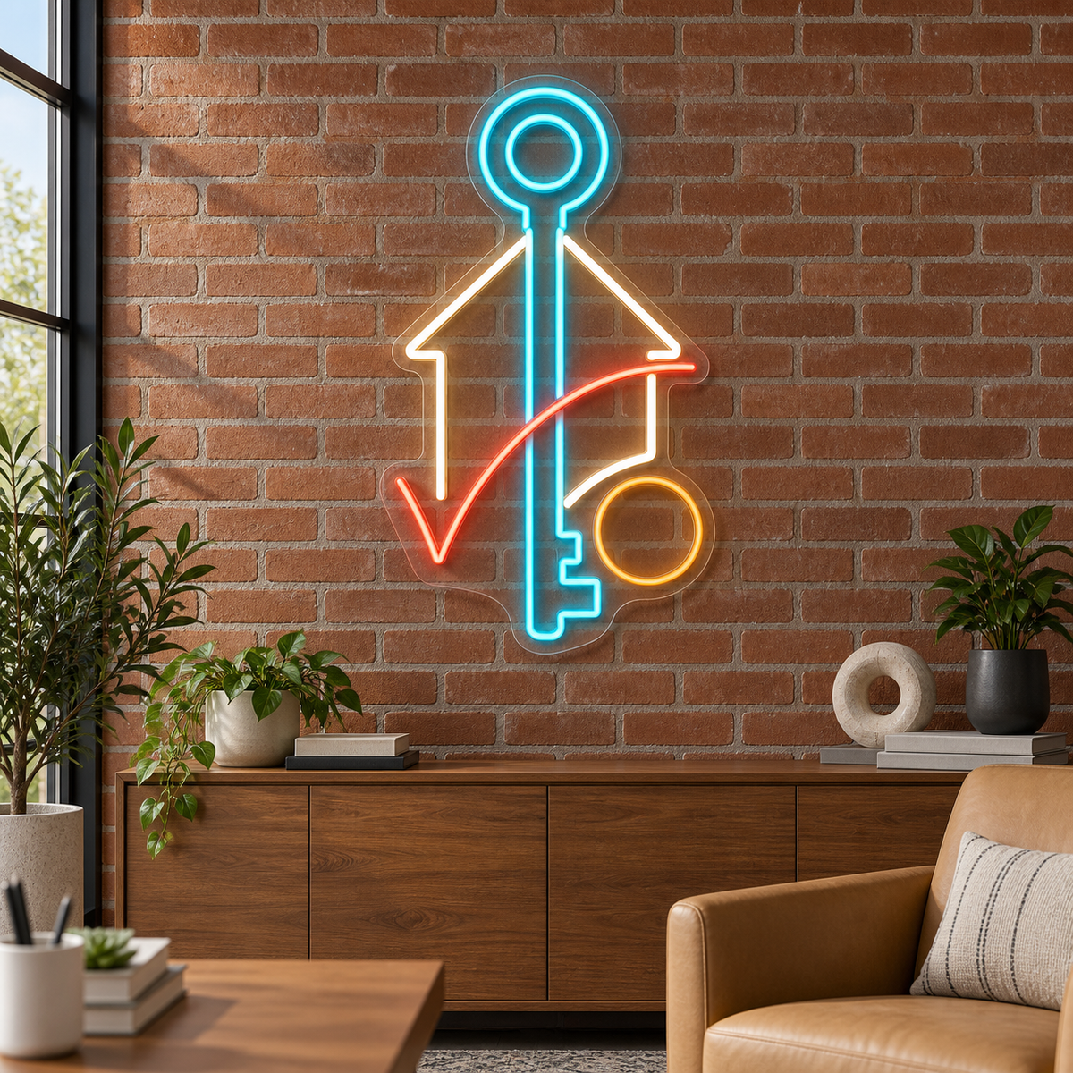 House Key & Checkmark LED Neon Sign for Mortgage Brokers - interior setting