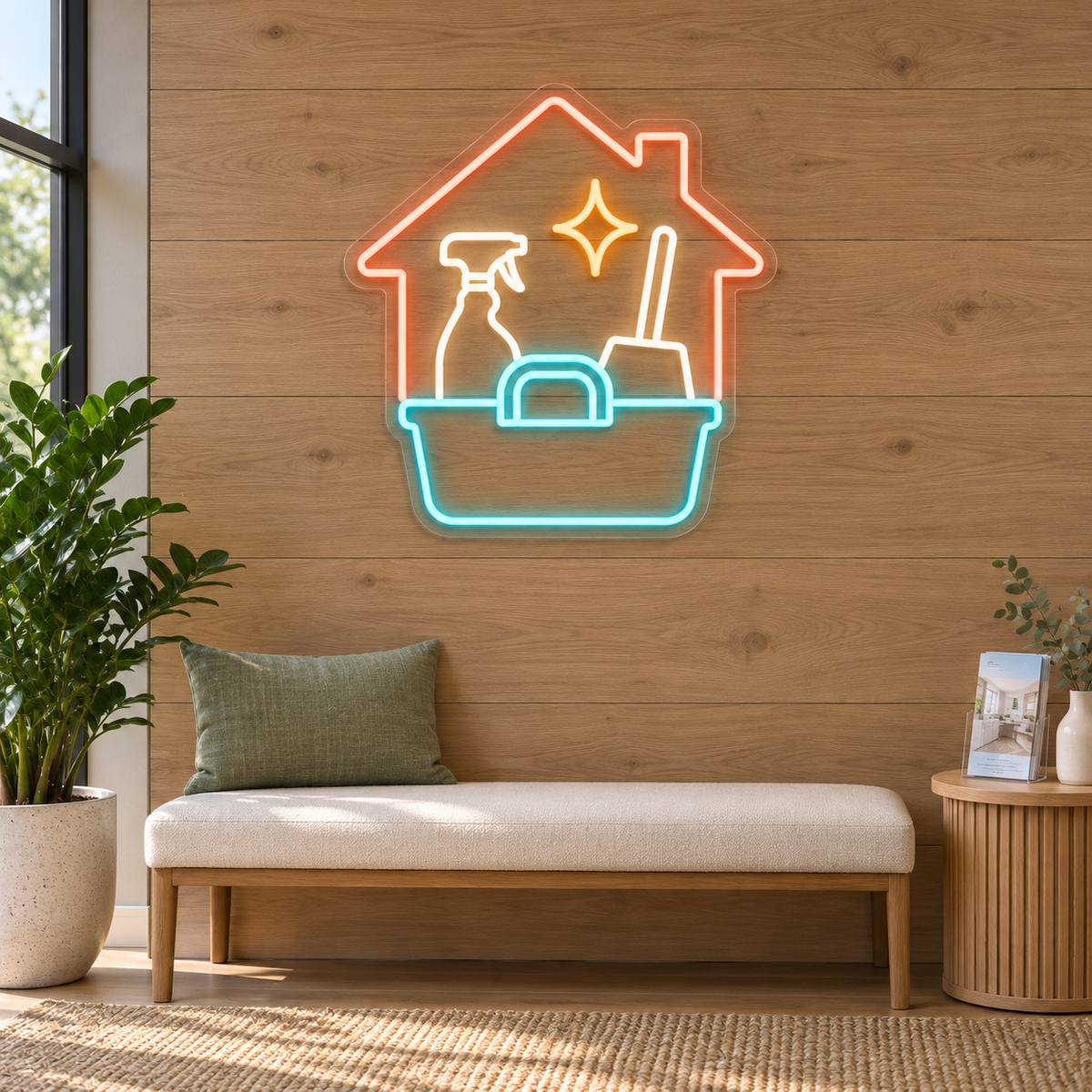 House & Cleaning Caddy LED Neon Sign for Cleaning Offices - interior setting
