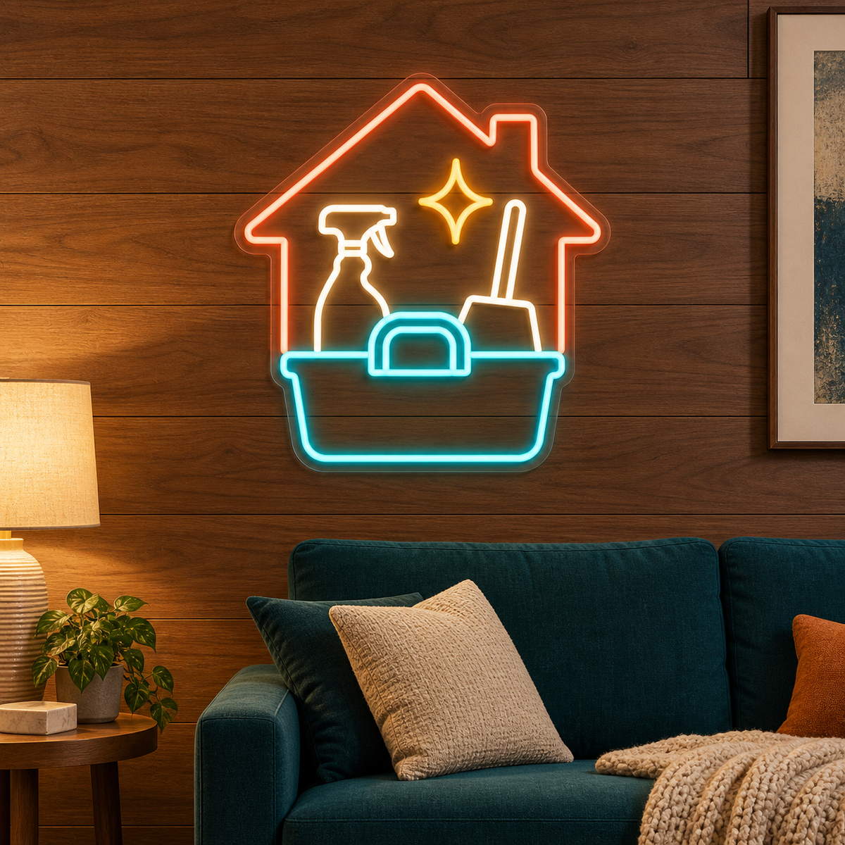 House & Cleaning Caddy LED Neon Sign for Cleaning Offices - interior setting