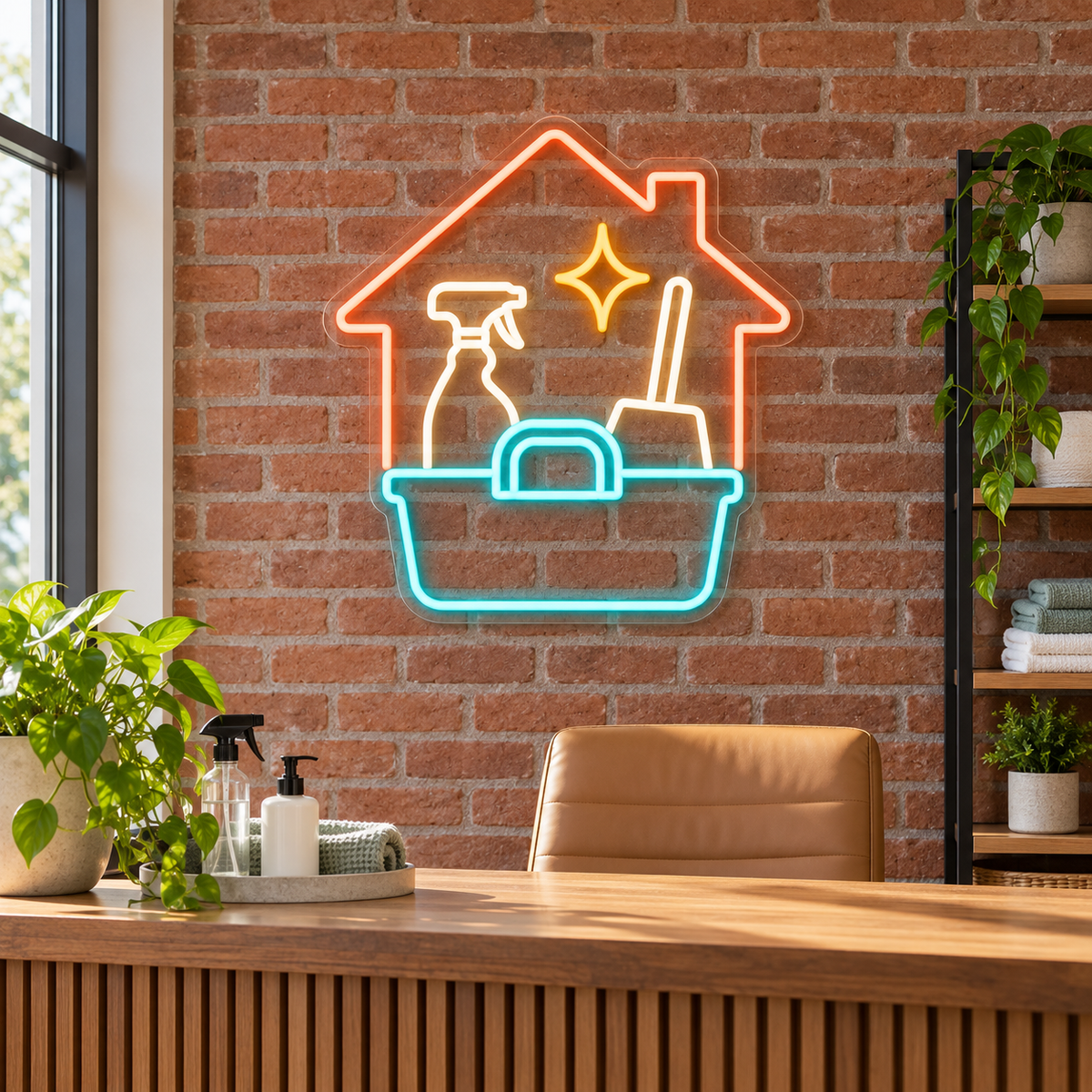 House & Cleaning Caddy LED Neon Sign for Cleaning Offices - interior setting