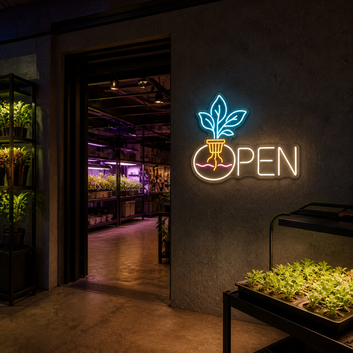 Hydroponic Plant OPEN LED Neon Sign for Hydroponics Shops - interior setting