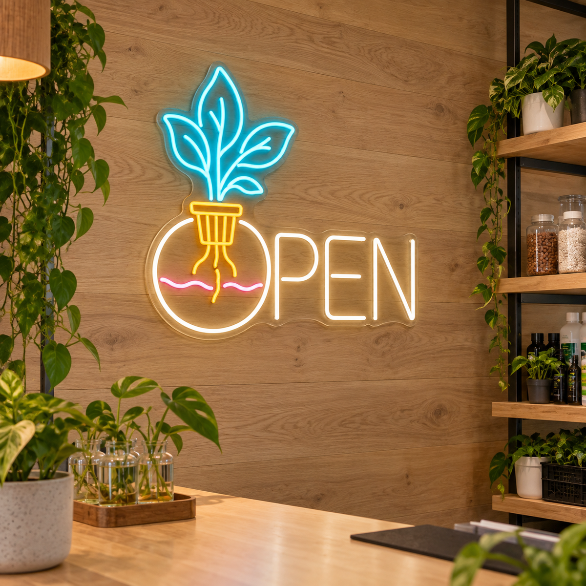 Hydroponic Plant OPEN LED Neon Sign for Hydroponics Shops - interior setting