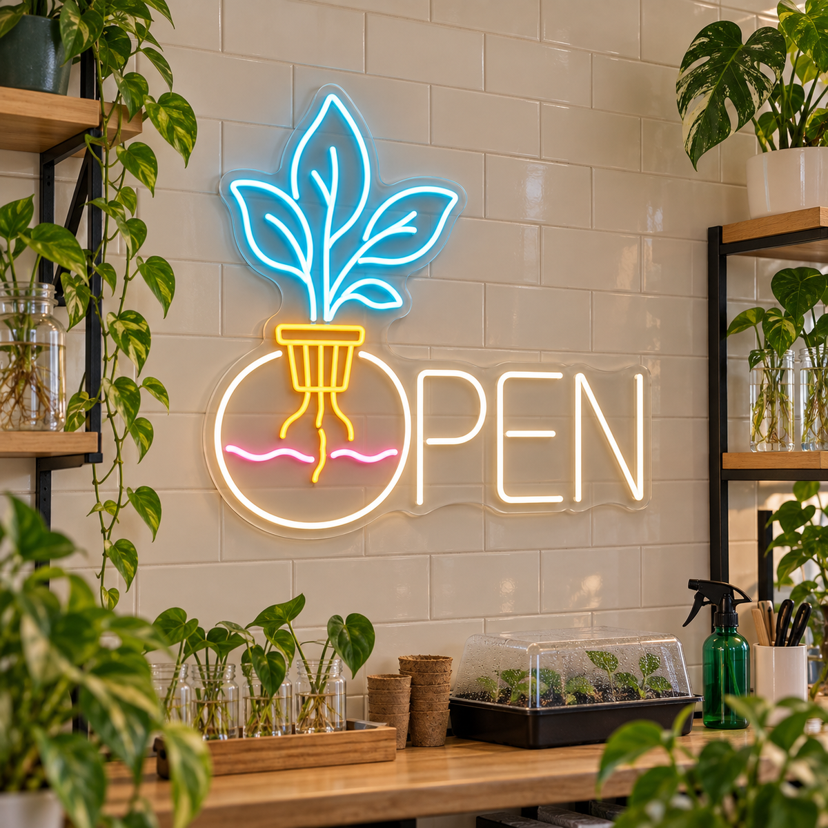 Hydroponic Plant OPEN LED Neon Sign for Hydroponics Shops - interior setting