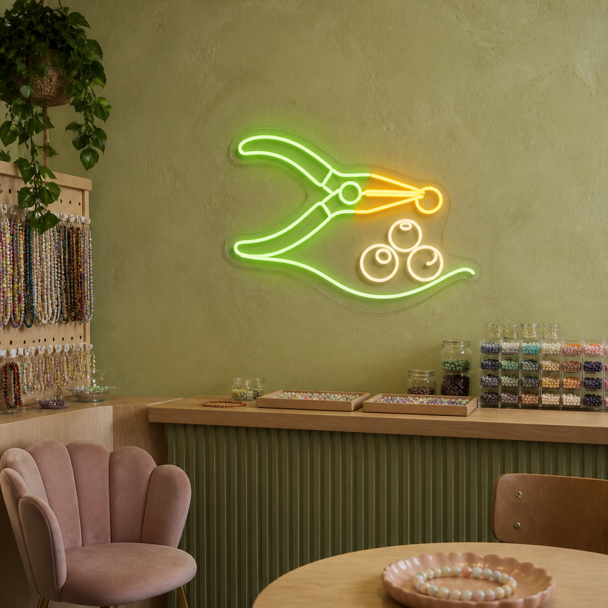 Jewelry Pliers and Beads LED Neon Sign for Jewelry Craft Spaces - interior setting