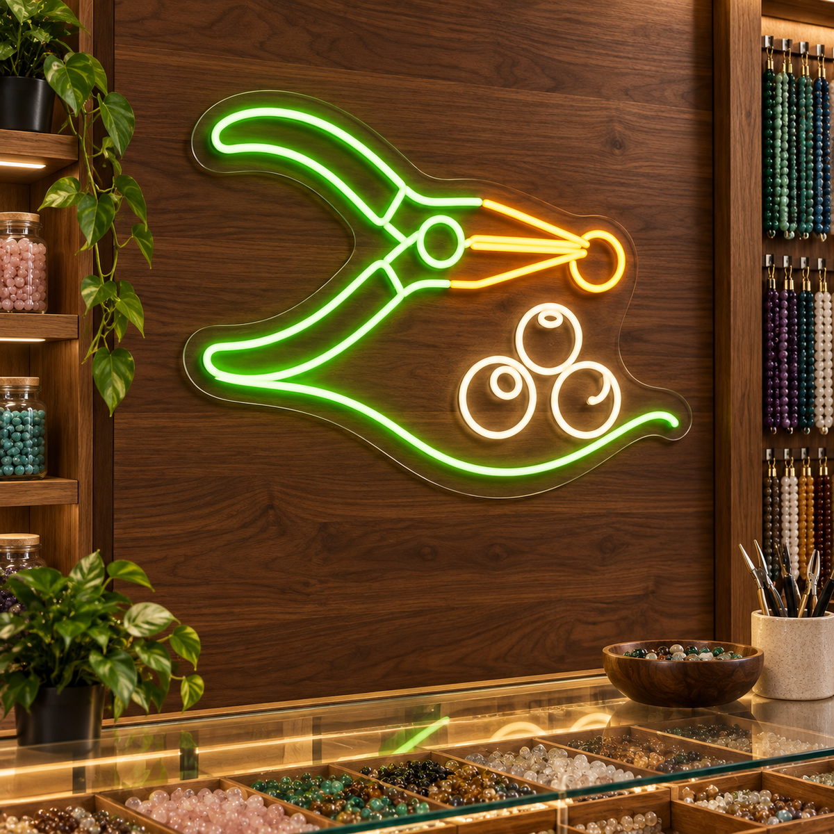 Jewelry Pliers and Beads LED Neon Sign for Jewelry Craft Spaces - interior setting