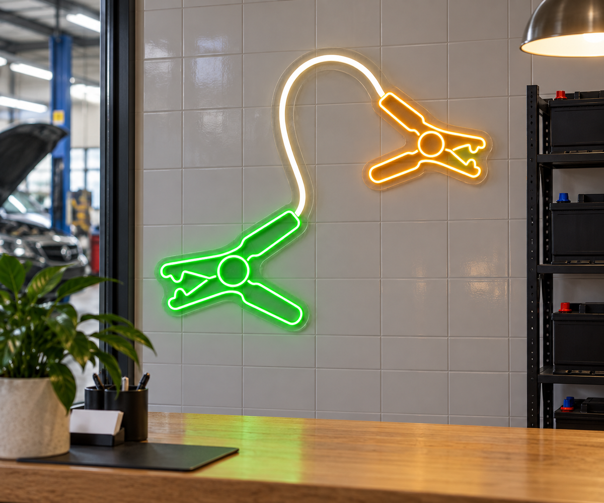 Jumper Cable Clamps LED Neon Sign for Garage Spaces - interior setting