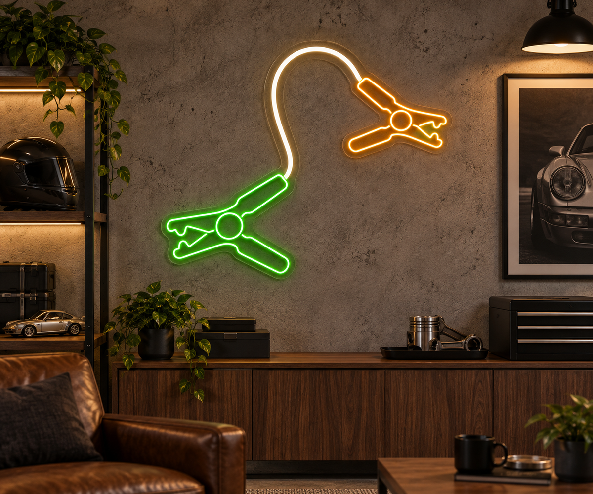 Jumper Cable Clamps LED Neon Sign for Garage Spaces - interior setting